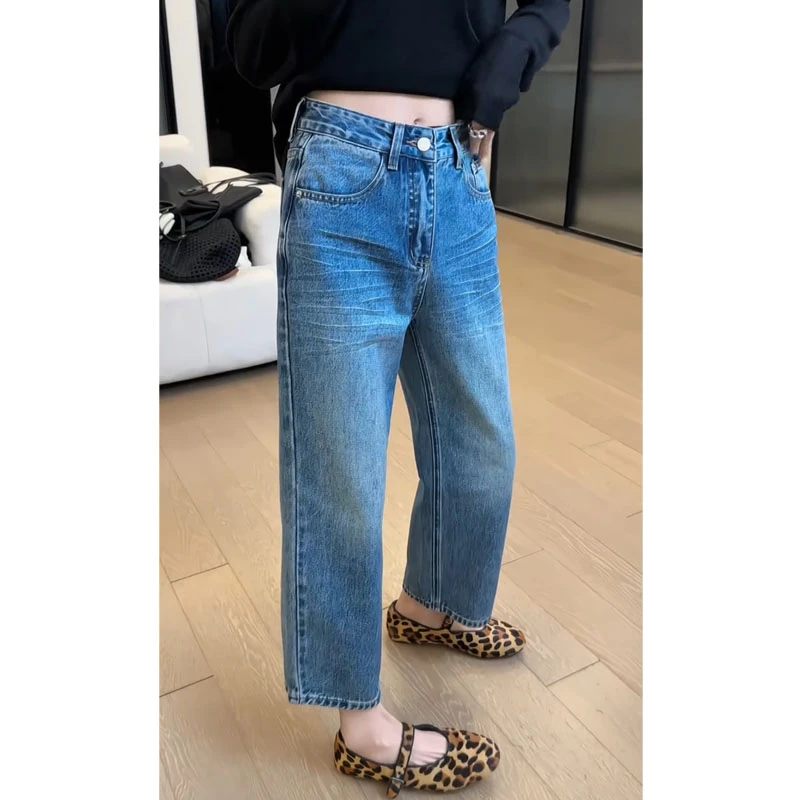 艾塔莉蓝色牛仔裤女夏季新款胖mm梨形身材直筒裤大码阔腿裤九分裤