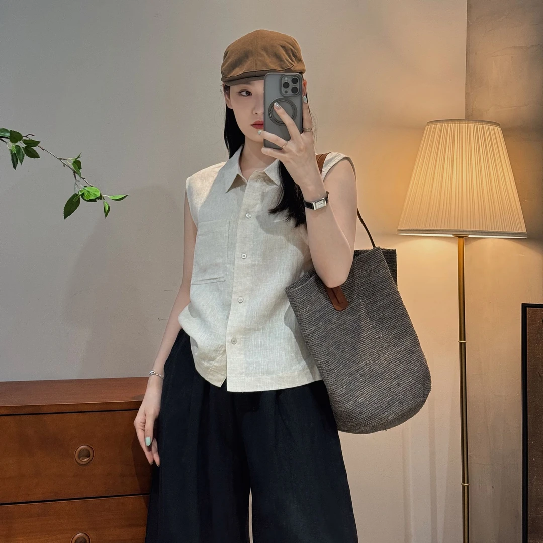 今婷韩系时尚百搭爆款显瘦夏季休闲纯色无袖衬衫短袖女-J25202311