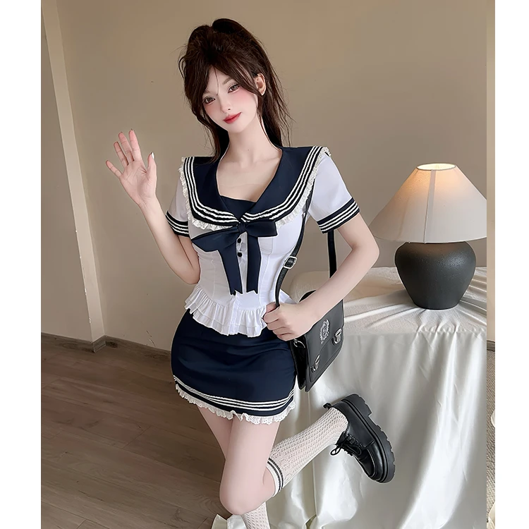海军领蝴蝶结学院风荷叶边收腰衬衫半身短裙上衣甜辣显瘦两件套装