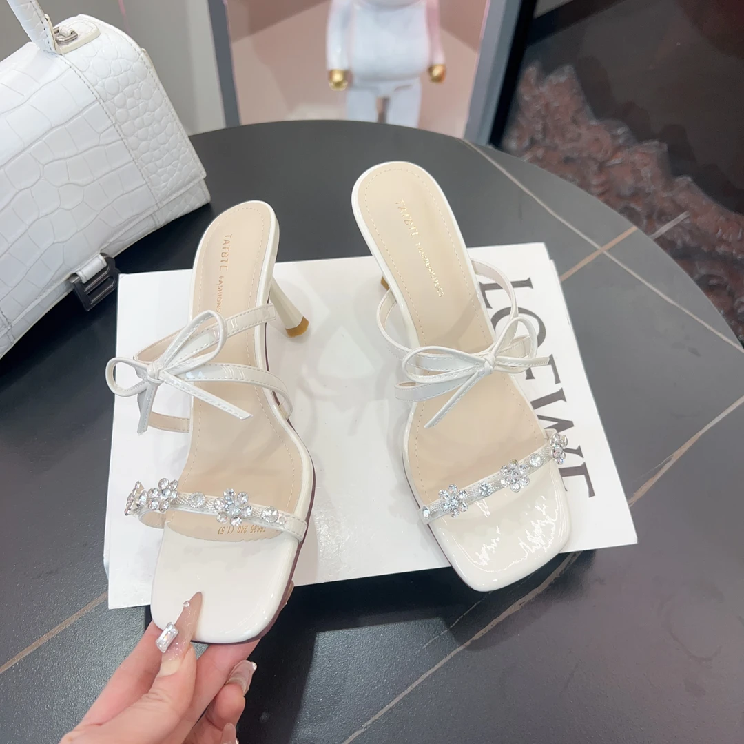 2025夏季新款时尚蝴蝶结高跟拖鞋女外穿水钻凉鞋016635
