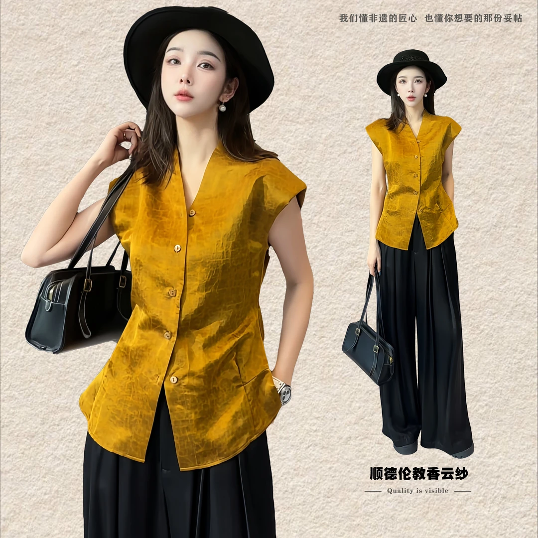 新中式素平缎龟纹香云纱夏季休闲无袖马甲气质国风上衣时尚