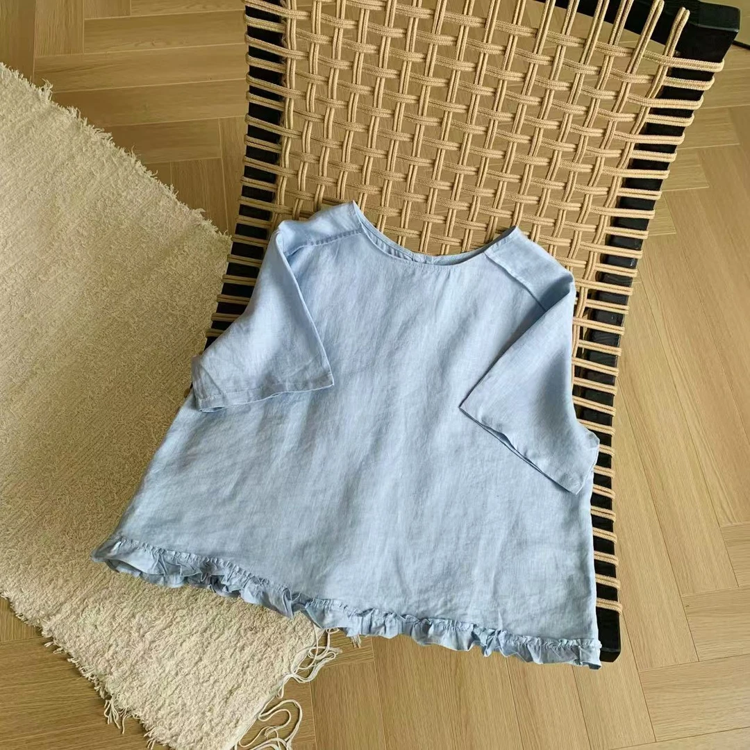 素心轻奢 2025夏季纯亚麻木耳边前后两穿文艺气质短袖小衫上衣