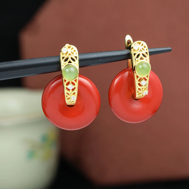 小银匠 天然辰砂S925银朱砂耳环女平安扣轻奢新中式复古宫廷耳饰