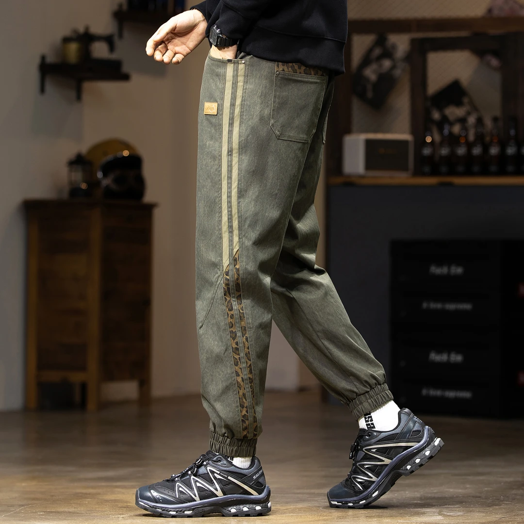 LEIGHZ/雷茨美式户外潮牌条纹迷彩休闲裤男秋季宽松拼接哈伦裤子