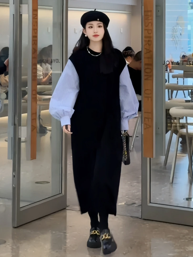黑色长袖秋冬连衣裙女2025新款秋季设计感撞色假两件气质针织长裙