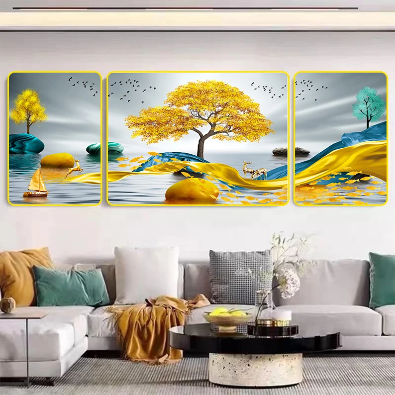 M016客厅三联画-【福禄有余】晶瓷镶钻画客厅沙发背景墙装饰画