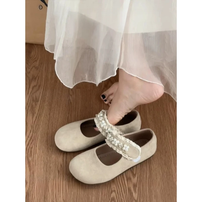 2025年新款法式珍珠一字带低跟玛丽珍鞋子女圆头平底单鞋浅口女鞋