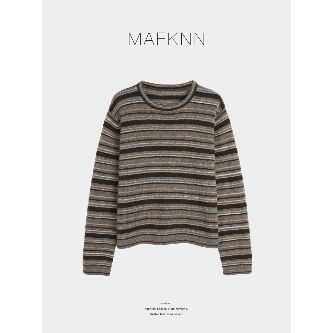 MAFKNN/玛肯时尚休闲简约纯色百搭圆领条纹内含绵羊毛毛衣MK13486