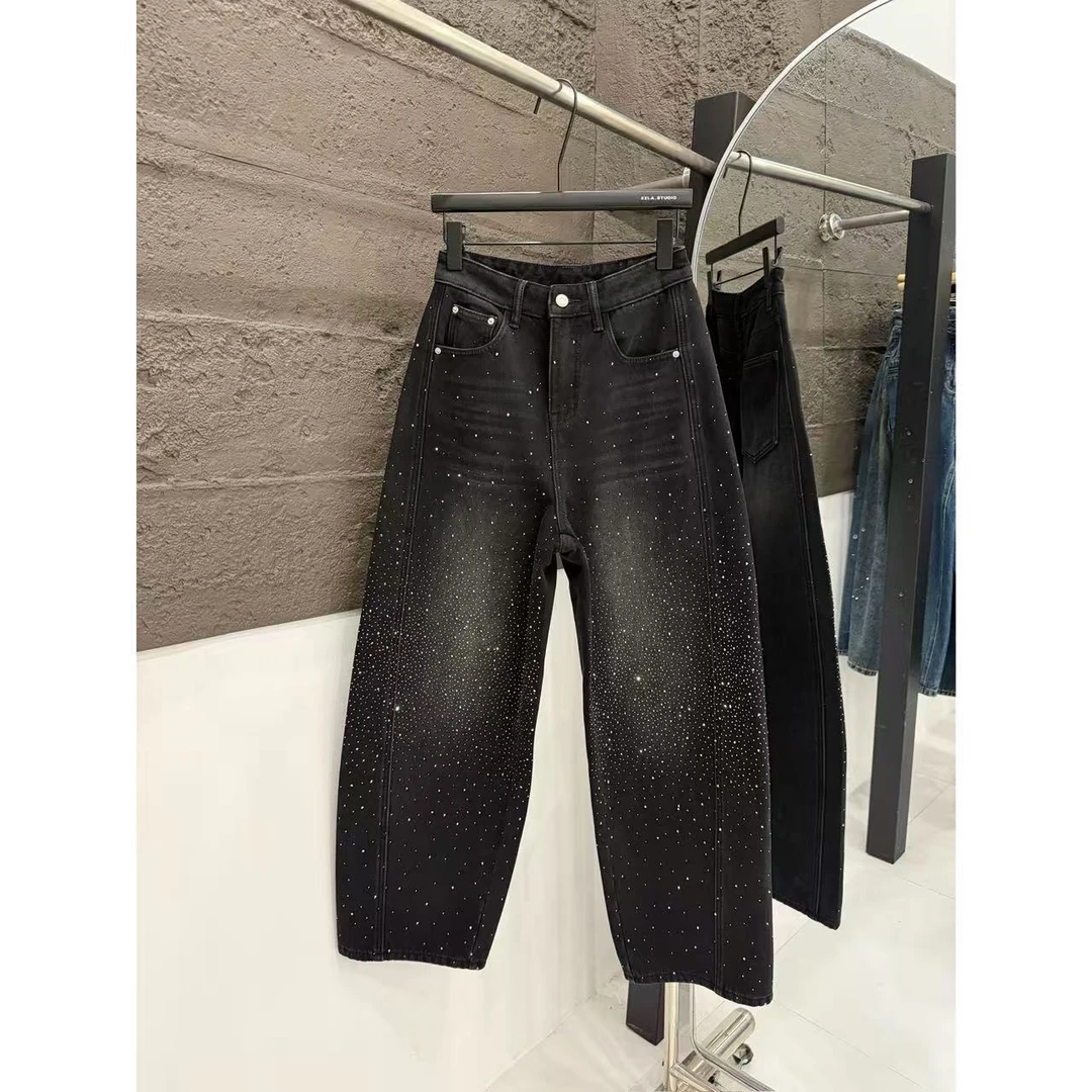 EZ8361黑钻满天星2026新春弯刀裤小个子显瘦加绒氛围感牛仔裤子