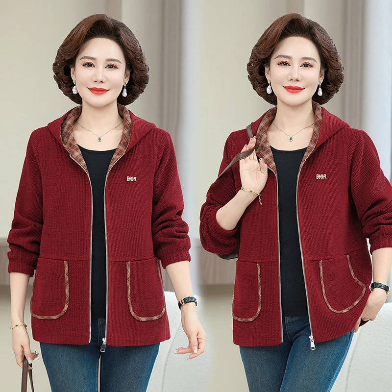 40岁50中年妈妈春秋装灯芯条绒连帽夹克外套女宽松休闲拉链衫上衣