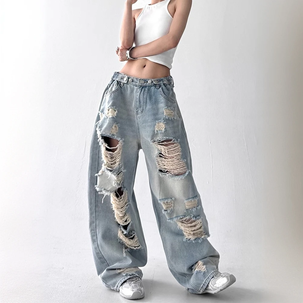 美式痞帅炸街风破洞牛仔裤女2025夏季小众时尚流行宽松直筒阔腿裤