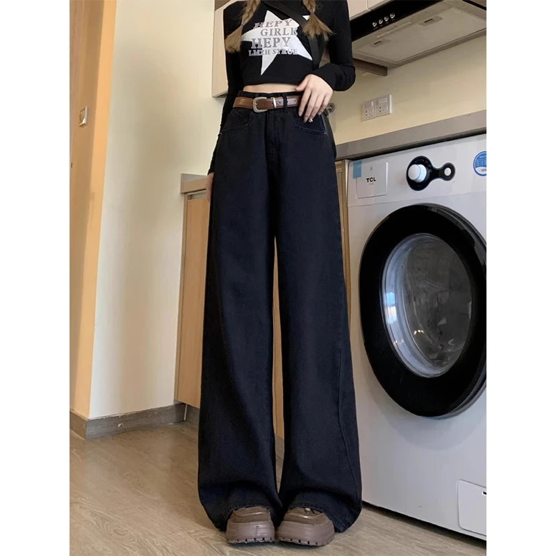 美式复古黑色阔腿牛仔裤女2025春季新款宽松直筒百搭垂感拖地长裤