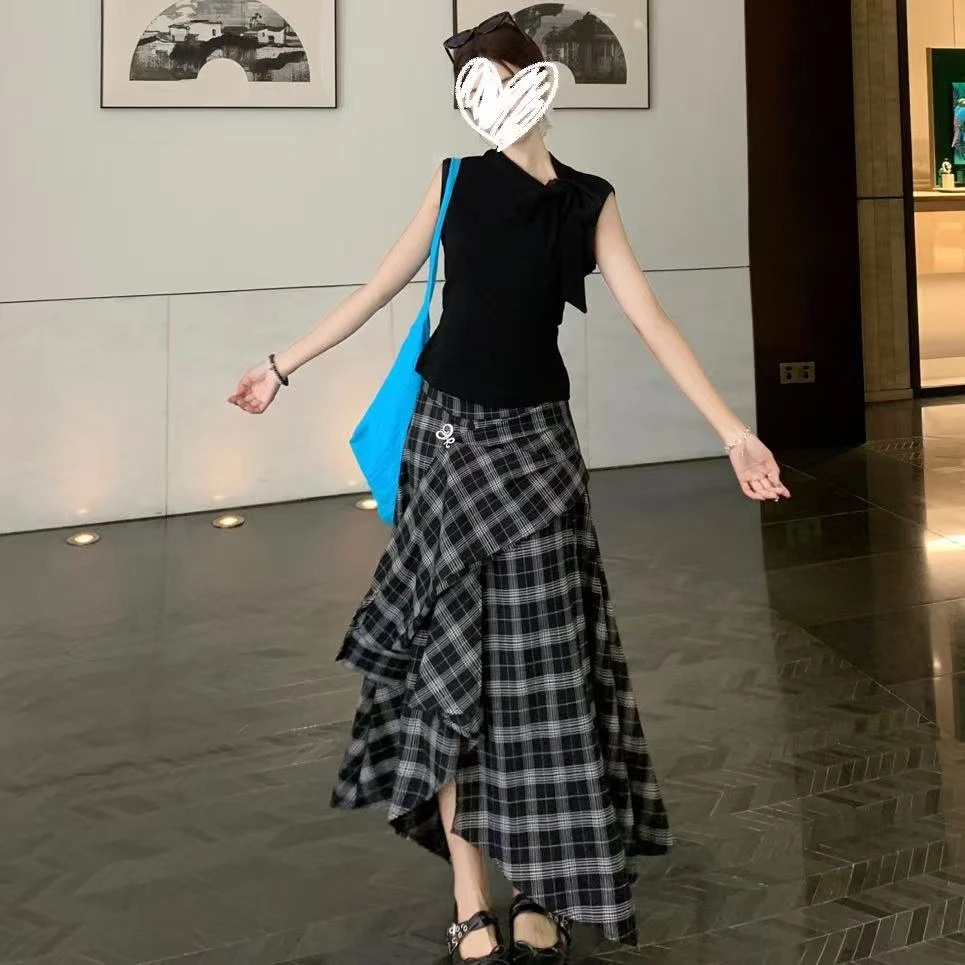 夏季蝴蝶结绑带修身显瘦无袖背心上衣不规则格纹高腰半身裙两件套