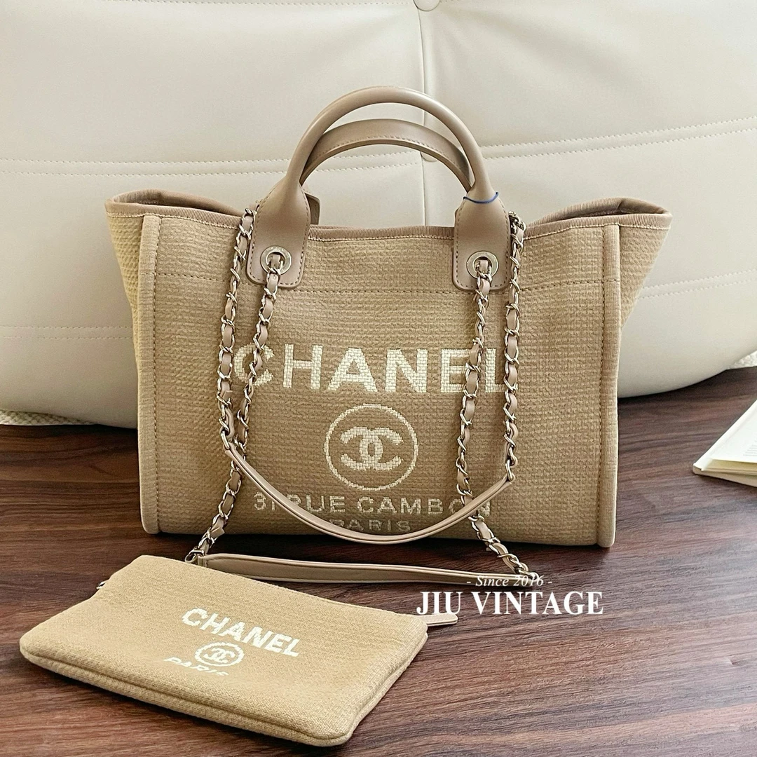 99新 Chanel/香奈儿 奶茶色沙滩包小号22A中检BJM12-2073