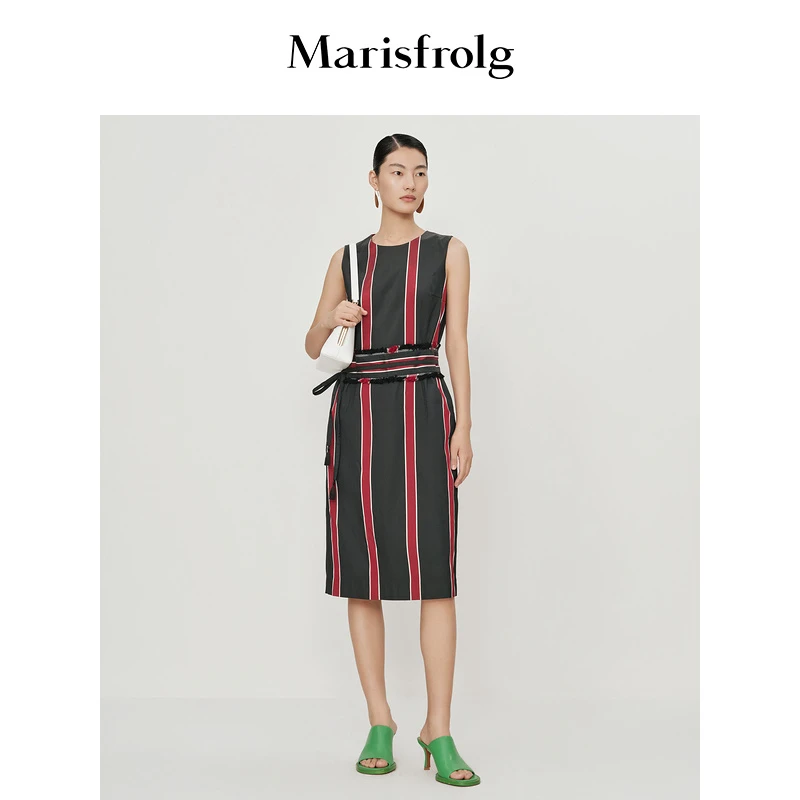 Marisfrolg/玛丝菲尔条纹圆领拼接无袖时尚气质连衣裙A1KT13236
