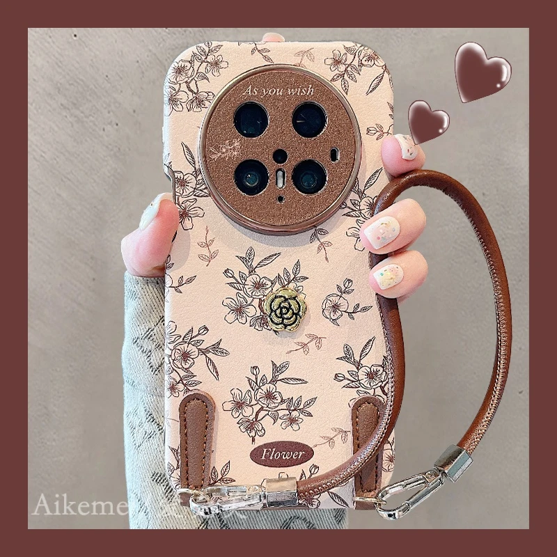 适用华为mate70pro+手机壳复古素描花朵Mate60pro+皮质立体山茶花