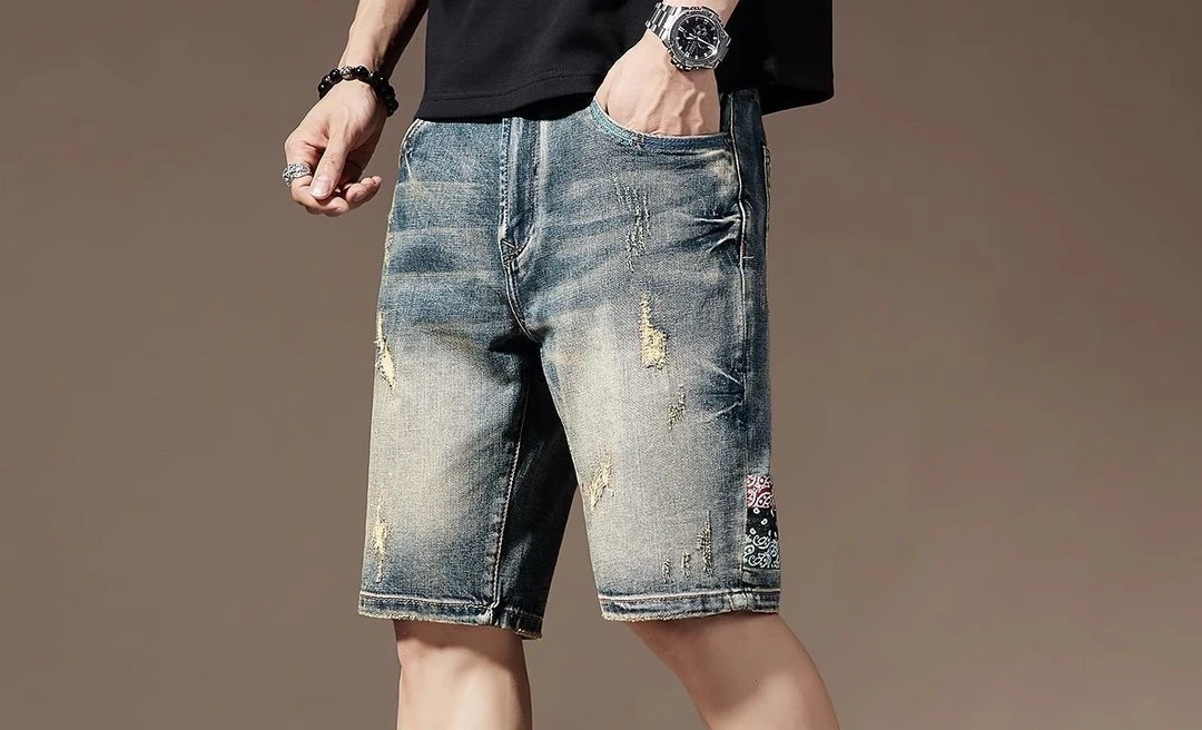 夏季日系复古男士牛仔短裤宽松百搭刺绣【直播间】