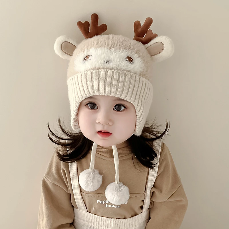 保暖宝宝帽子秋冬季男女童可爱卡通毛线帽婴幼儿加厚护耳套头帽萌