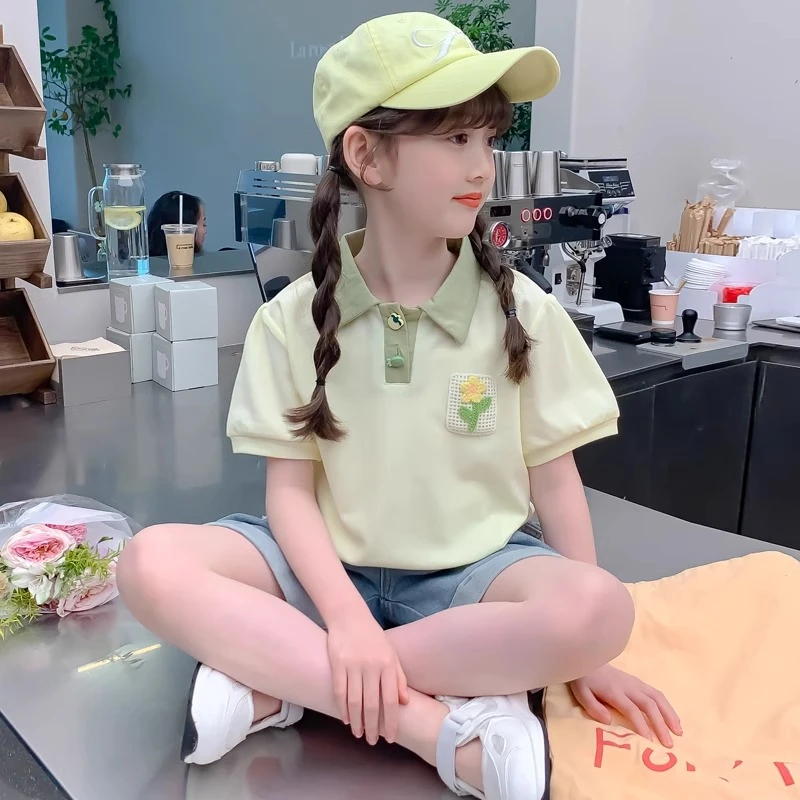 女童夏装T恤2025新款儿童洋气女孩夏季短袖POLO领网红翻领上衣潮t