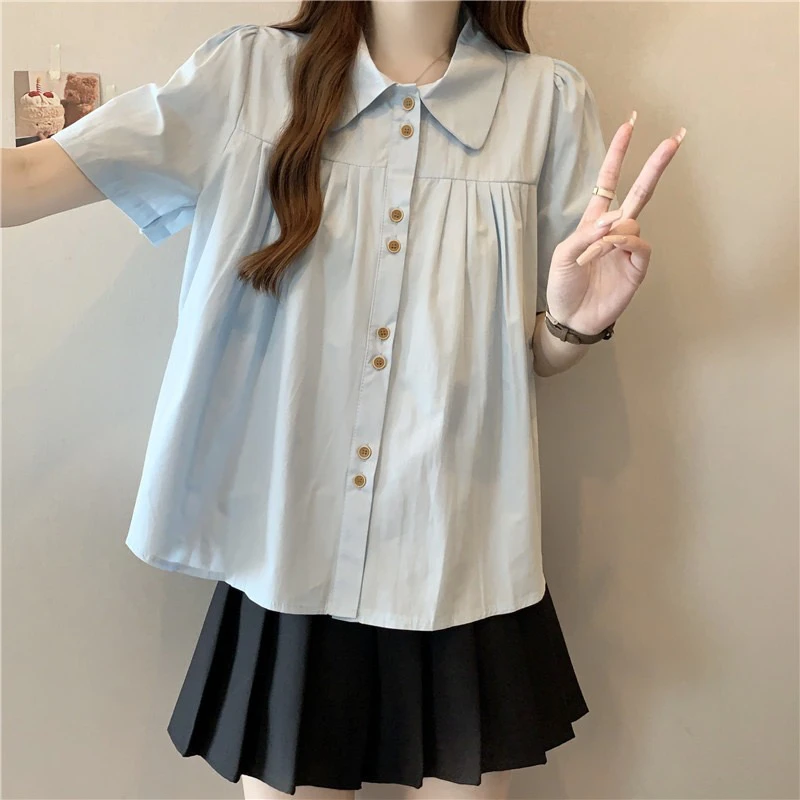 法式甜美褶皱娃娃领衬衫女宽松夏季独特别致娃娃上衣掐腰洋气小衫