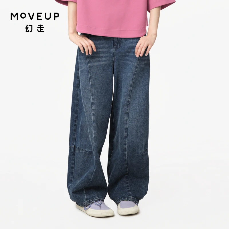 MOVEUP幻走2024秋季新款.FUN绣花章仔收省牛仔直筒裤女324340303