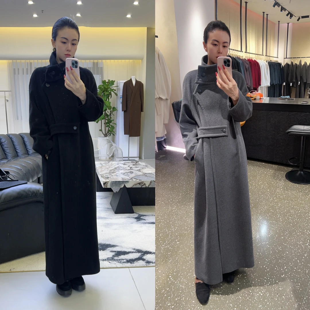 4121高级感气质立领宽松双面中长款黑色大衣外套