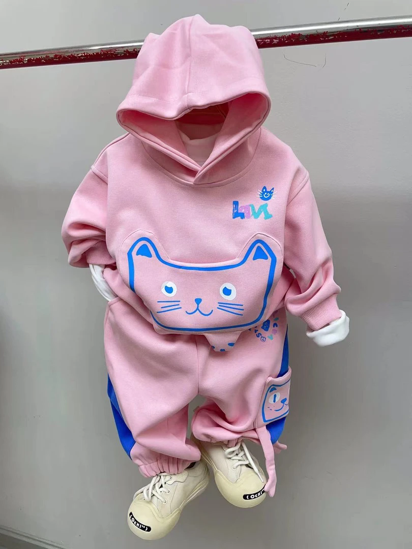 新款春秋卡通动漫KITTY猫咪休闲风套装外套女童粉色连帽运动可爱