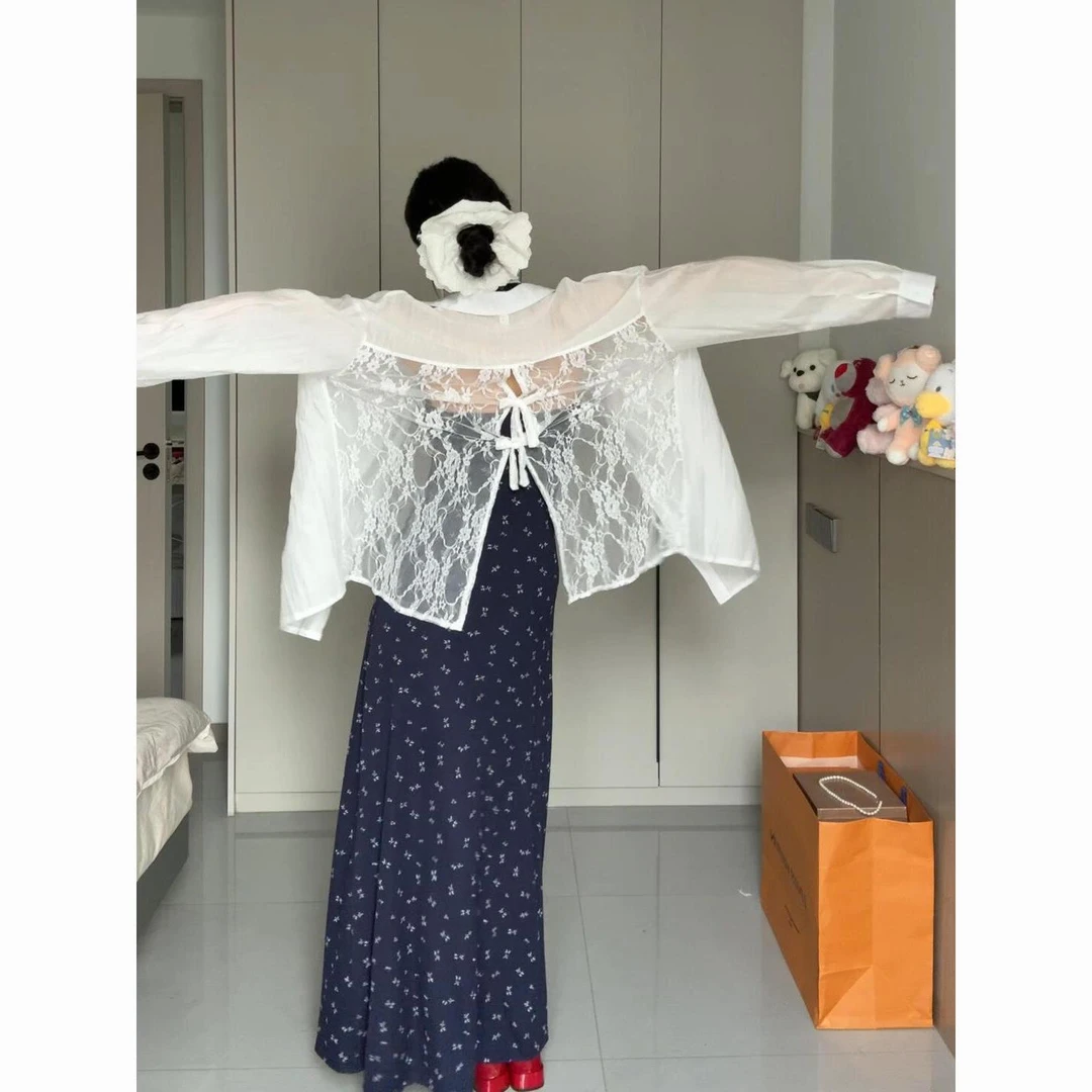 法式白色蕾丝镂空防晒衬衫女装夏季薄款衬衣外套气质别致漂亮上衣