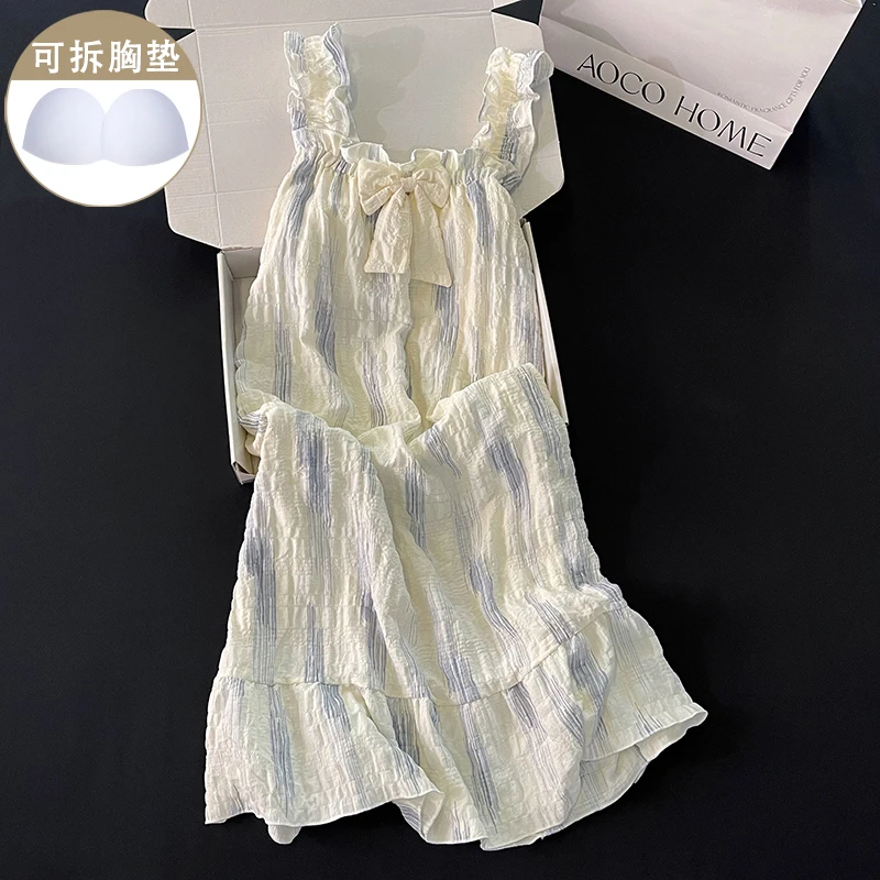 简约休闲睡裙女新款带胸垫甜美蓝色条纹蝴蝶结性感吊带睡衣家居服