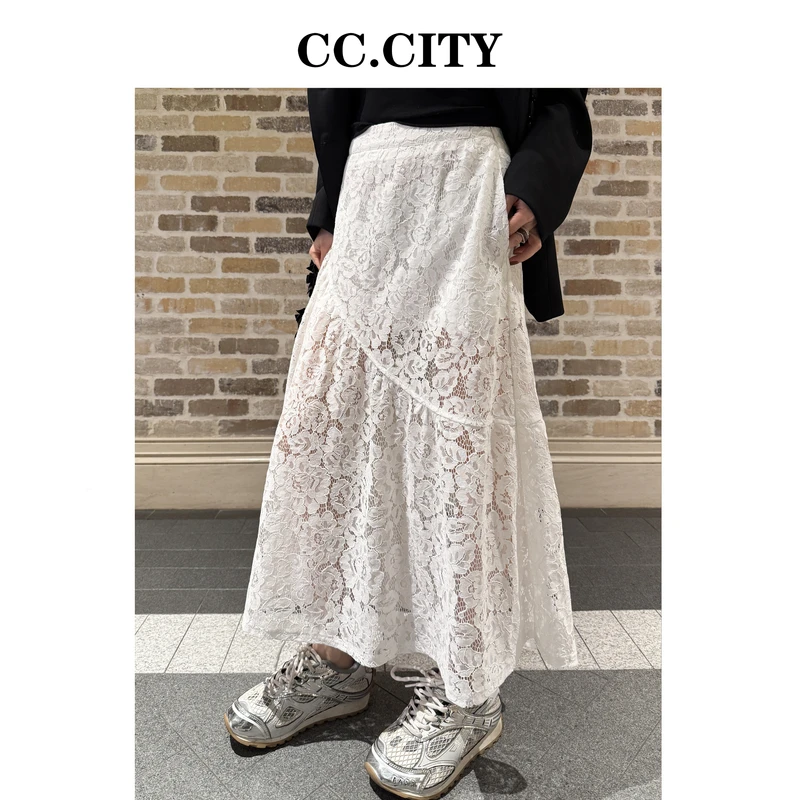 【蔡丽丽 & 添羽】时尚洋气百搭慵懒风高级蕾丝半裙6x673