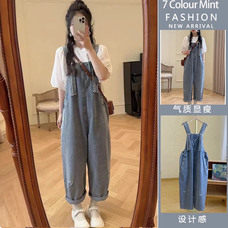 【玫瑰优选】孕妇装多口袋腰侧松紧可调节孕妇牛仔背带裤夏季套装