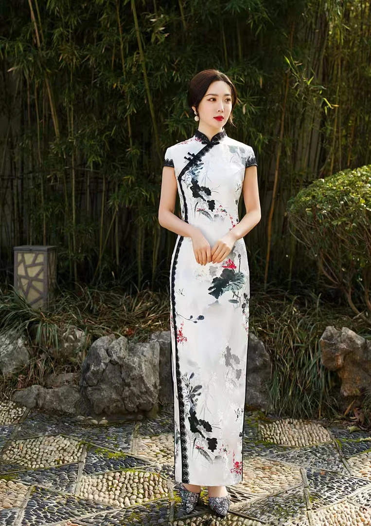 春夏长款改良提花旗袍日常走秀大码修身气质成人旗袍裙