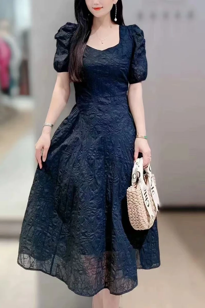 B015中长裙夏天法式方领连衣裙优雅夏季气质收腰修身显瘦