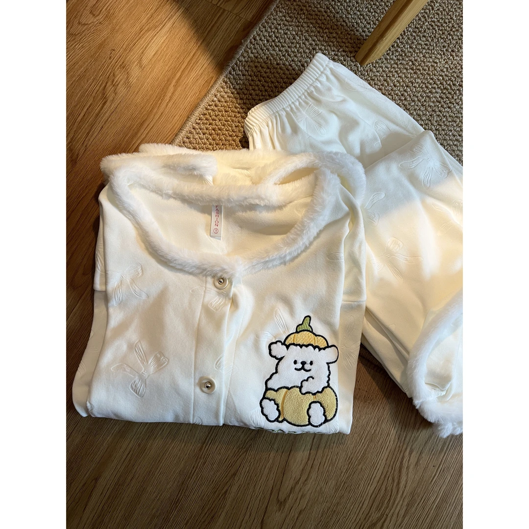 可爱南瓜小狗睡衣女秋冬季德绒毛绒领保暖薄绒2025可外穿家居服