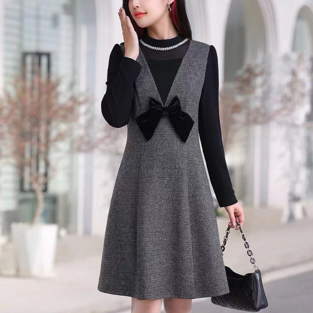 06新款假两件拼接显瘦中长款时尚气质连衣裙