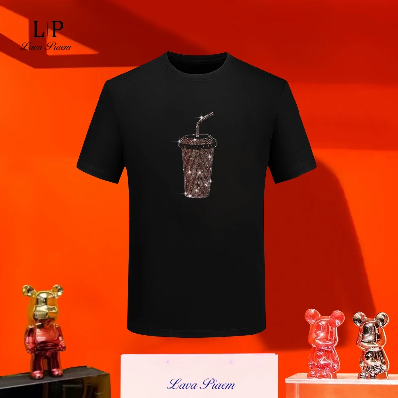 欧洲站高端欧货烫钻T恤男士短袖圆领半袖微落肩薄款冰感打底t恤衫