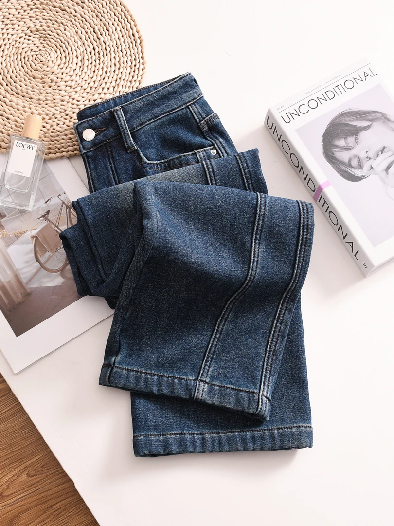 高品质-6023加厚加绒阔腿直筒裤冬女款牛仔新款