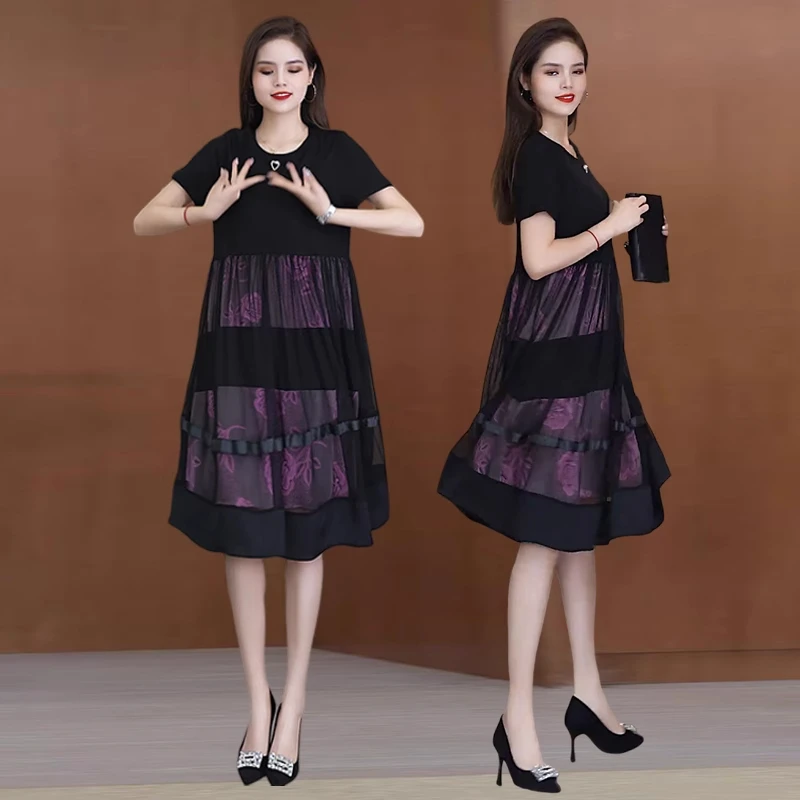 连衣裙女夏季短袖2025新款漂亮碎花显瘦遮肚子中年妈妈中长款裙子