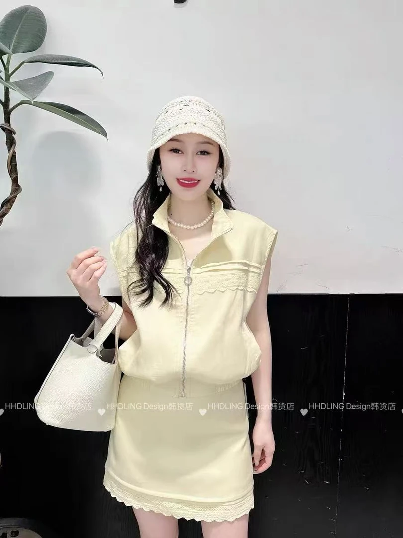 2025新款百搭显瘦重工蕾丝短袖＋半身裙两件套1236