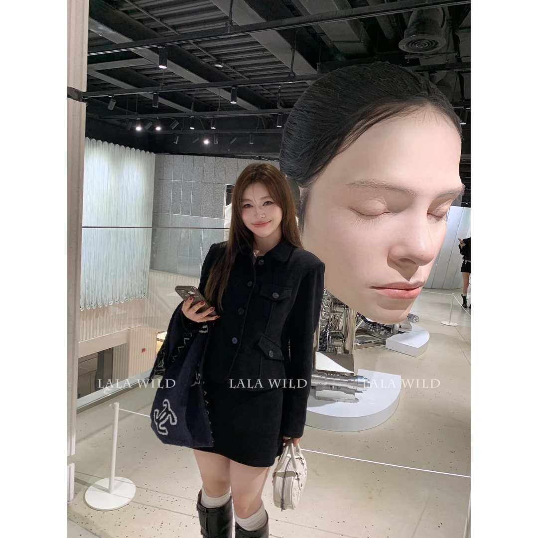 野生辣辣巴黎未晚 miu系小香风加绒西装外套半裙微胖显瘦时尚套装