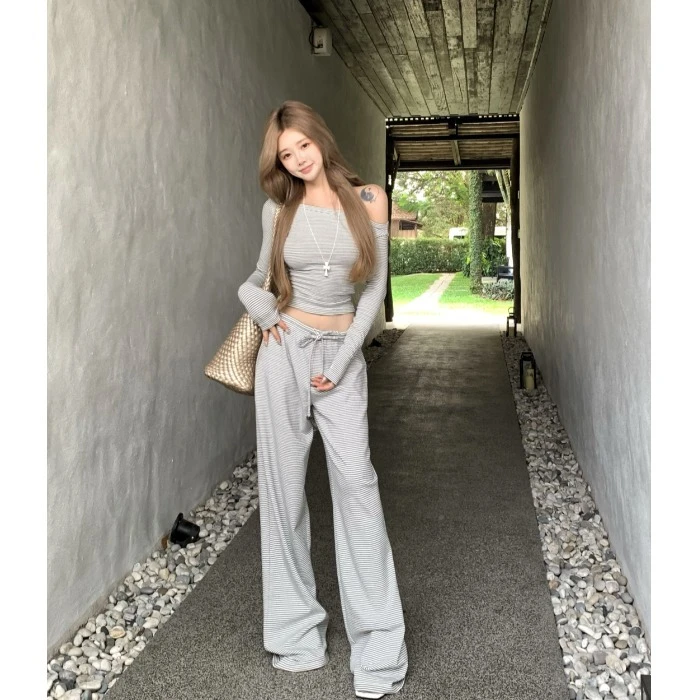 黑白条纹斜肩长袖T恤女秋季休闲套装抽绳高腰阔腿微喇叭裤两件套