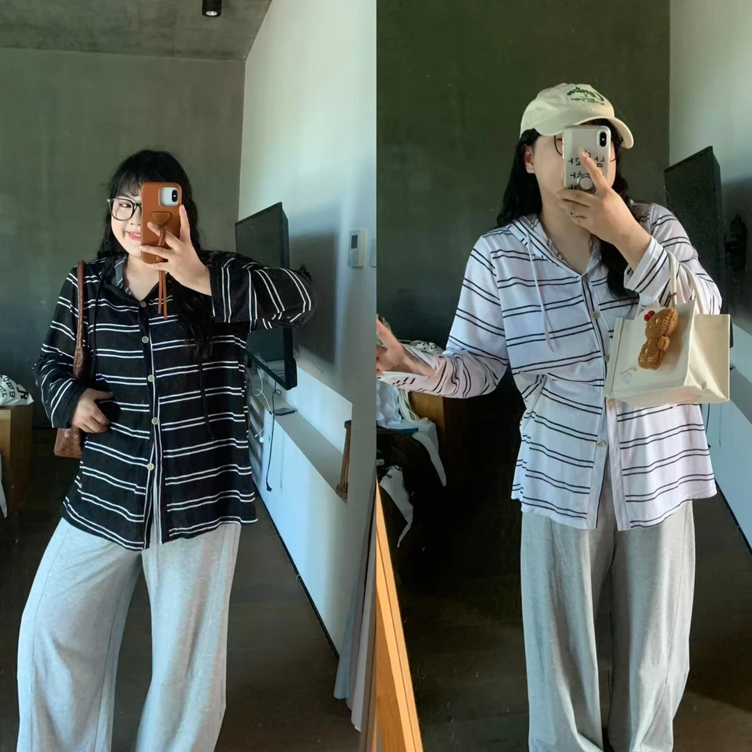 大码胖mm长袖连帽条纹开衫T恤百搭女韩系慵懒防晒衣秋季薄款外套N