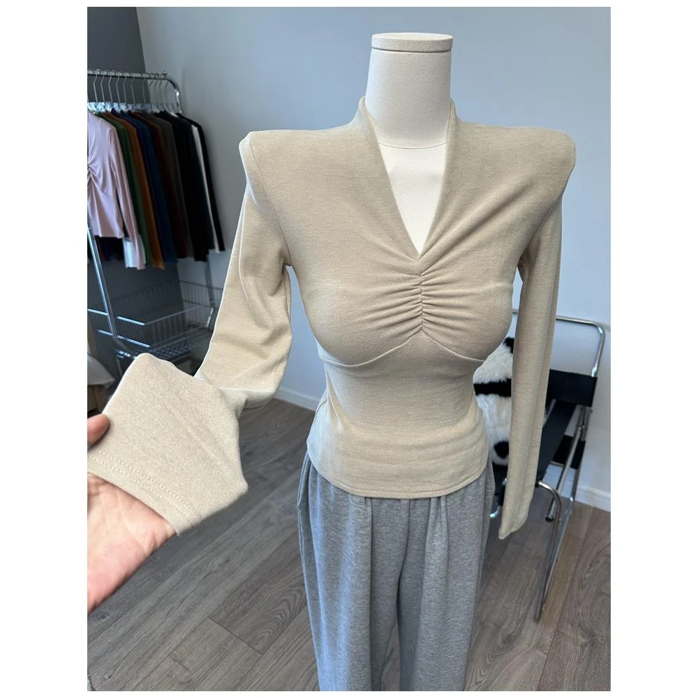 韩系INS洋气显身材磨毛加绒长袖T恤女生修身V领内搭打底衫上衣冬