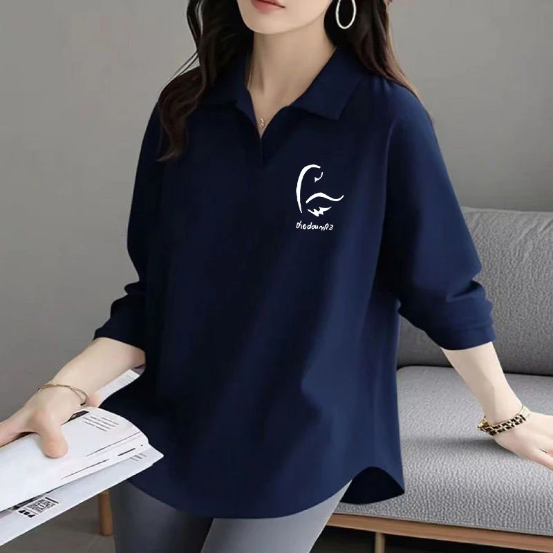 100%纯棉宽松POLO衫女春秋新款弧形下摆减龄不规则时尚翻领T恤衫