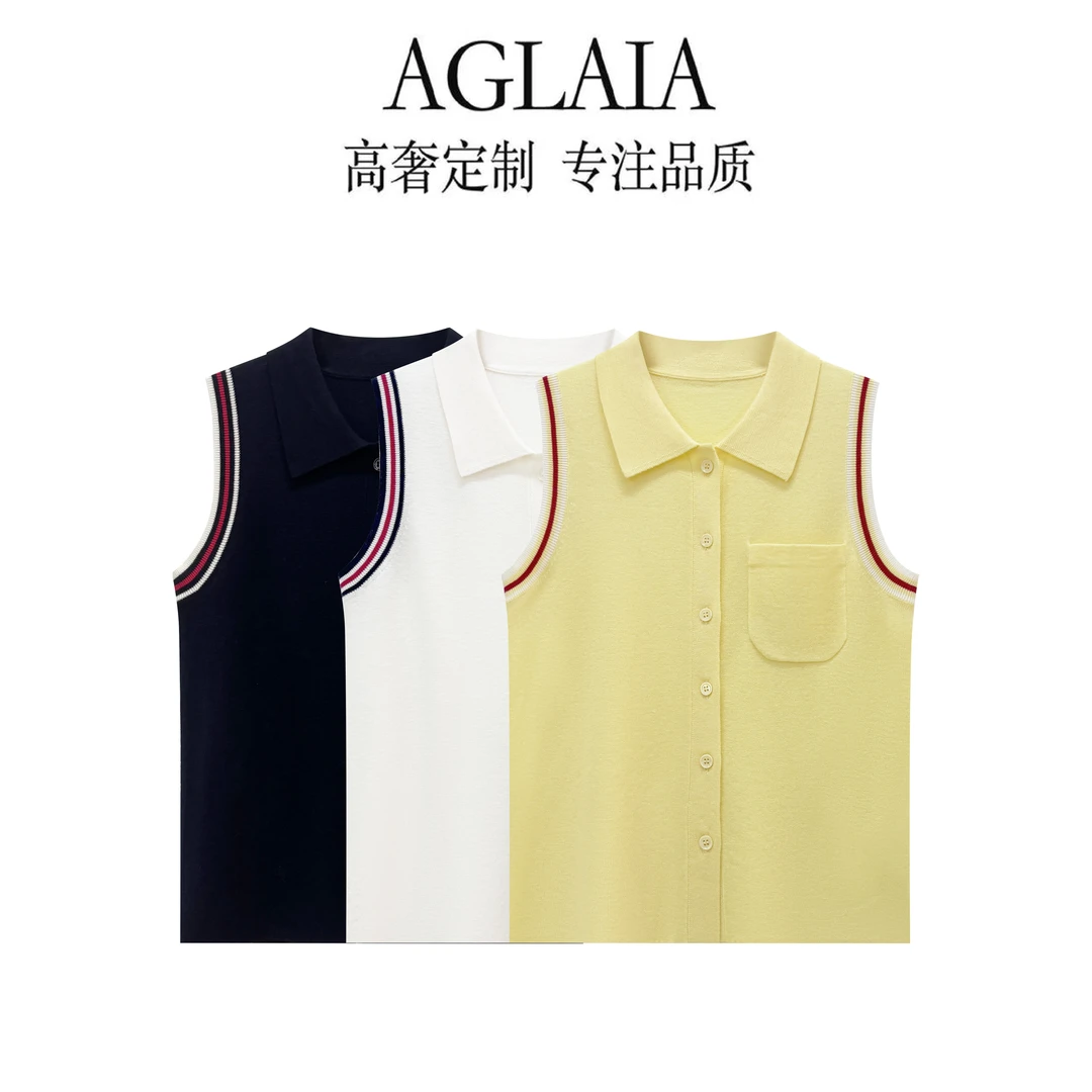 AGLAIA夏季学院风白月光翻领撞色休闲无袖开衫百搭T恤6053