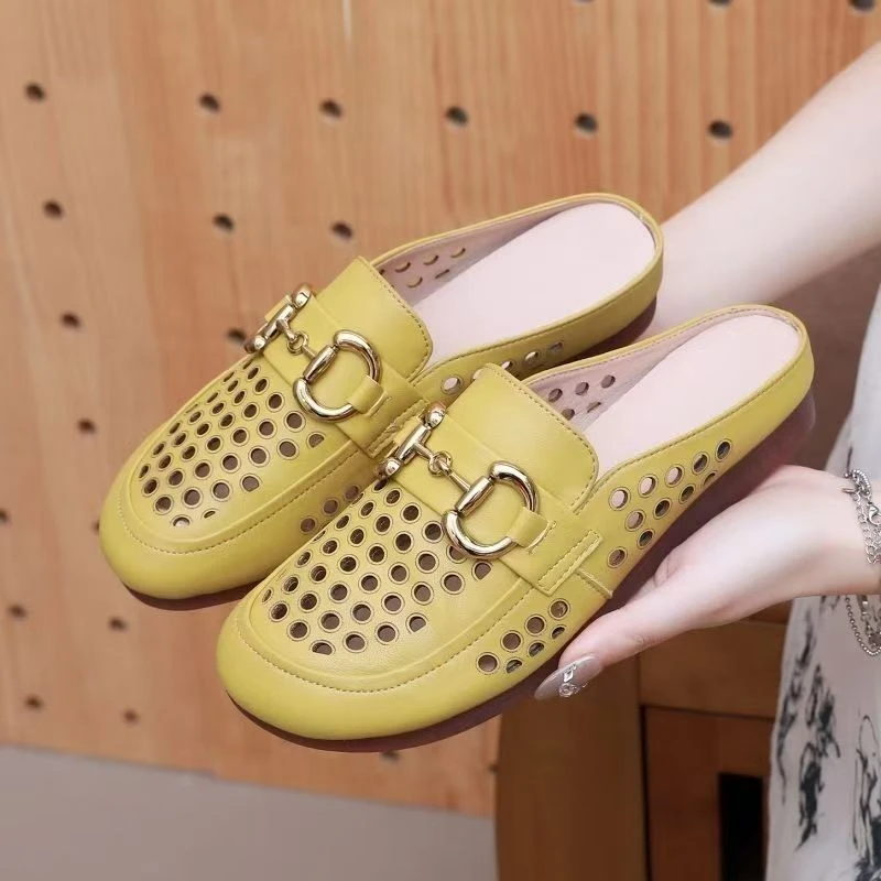 包头半拖鞋女外穿2025年新款夏季平跟女鞋时尚穆勒鞋镂空洞洞凉鞋