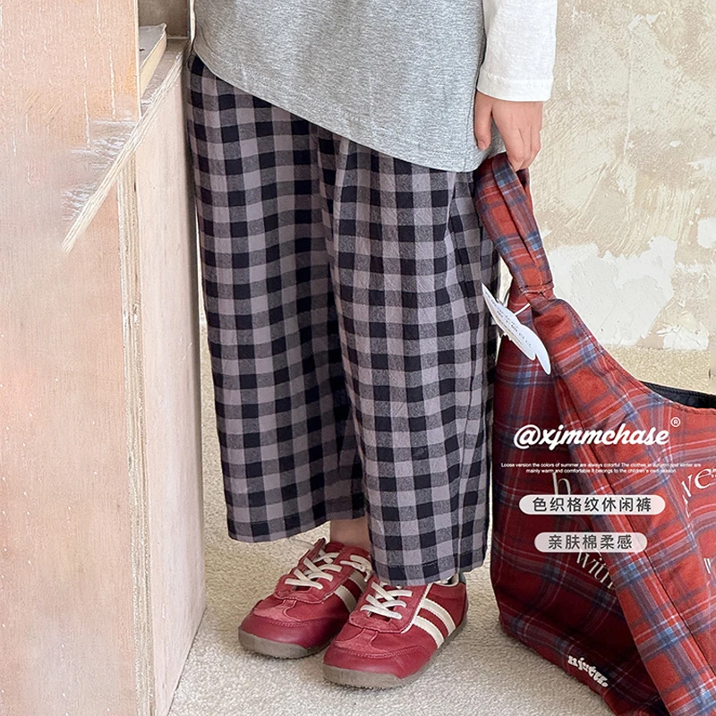 虾酱麻麻男童纯棉裤子春秋装2025新款男孩长裤撞色格子儿童休闲裤