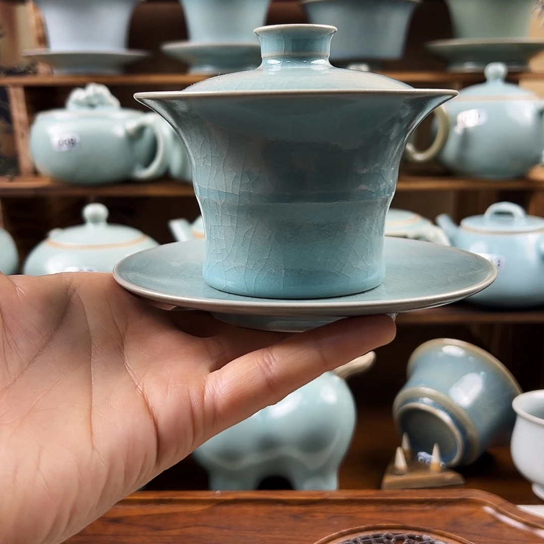 仿古釉水三才竹节盖碗