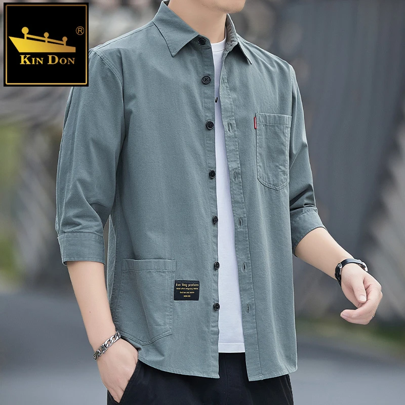 金盾2025纯棉衬衫男中袖宽松夏季七分袖男士休闲工装衬衣外套