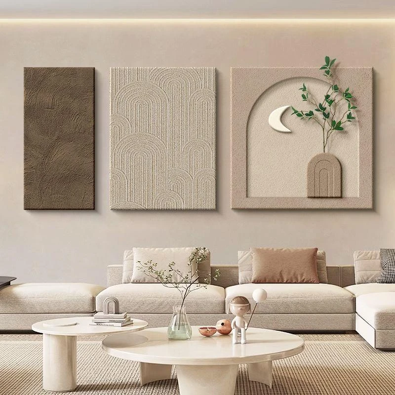 客厅装饰画侘寂风立体砂岩三联壁画现代简约沙发背景墙挂画感
